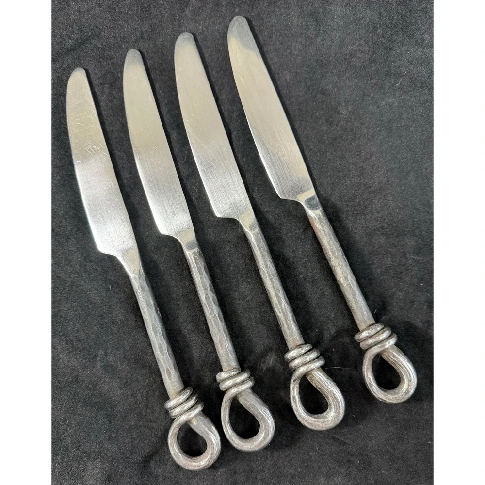 Rustic Hand Forged Black Loop Twist Dinner Knives Set 4 Blacksmith Hammered 9